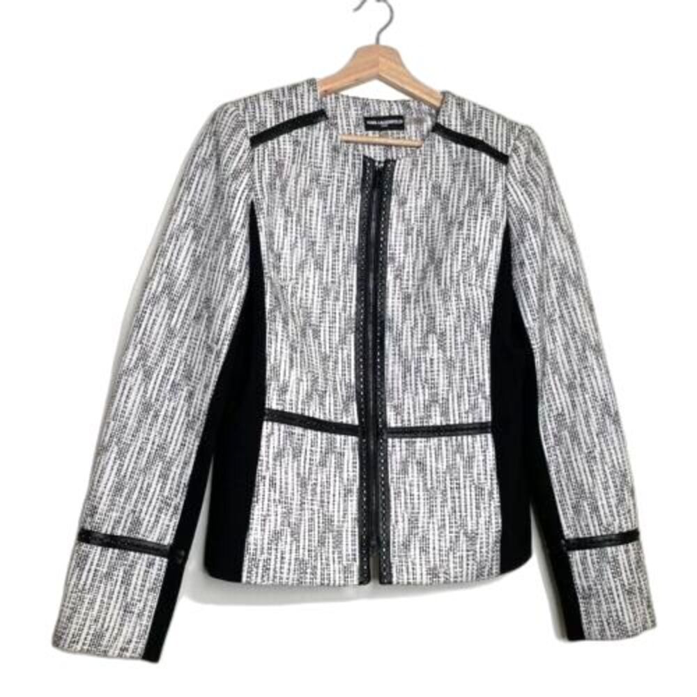 Karl Lagerfeld Paris Black & White Tweed ZipFront Jacket Blazer Size 10